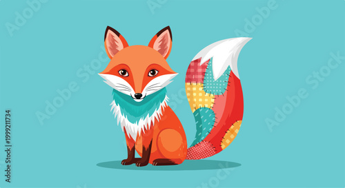 A cartoon fox with a vibrant, patterned tail sits on a teal background