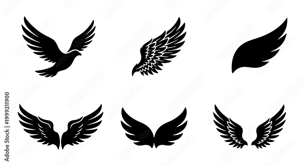 Fototapeta premium Black wing icons, feather silhouettes, wing graphics, flying symbols