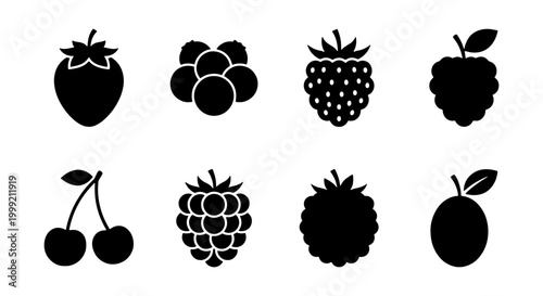 Blackberry, strawberry, cherry, raspberry icons, fruit symbols, 8pcs