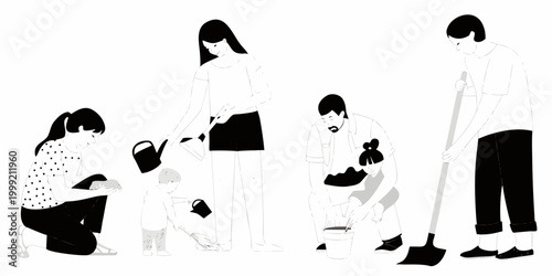 Family gardening illustration six people tending a garden in black and white