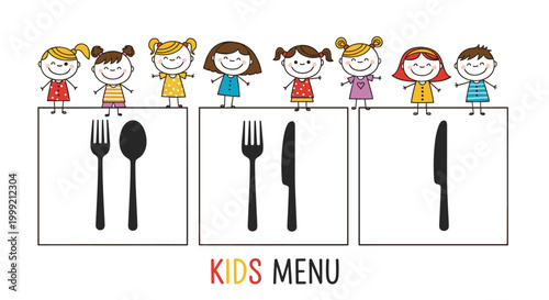 Fun kids menu banner design featuring a row of happy cartoon children above boxes with cutlery silhouettes and colorful text.