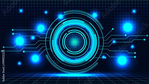 Futuristic digital interface with glowing blue circular elements and grid background