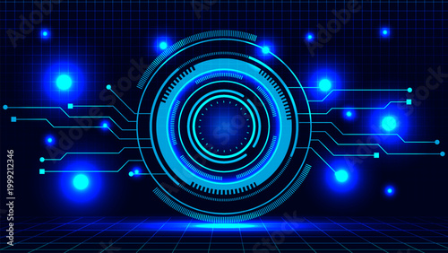 Futuristic digital interface with glowing blue circular elements and grid background