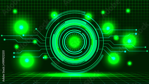 Futuristic green digital interface with glowing circular elements and grid background