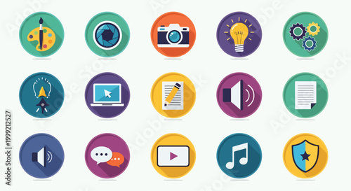 A collection of colorful icons representing various creative and media concepts