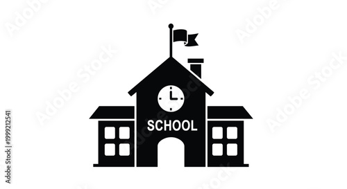 Simple black and white icon of a traditional school building with a clock tower and a flag against a white background.