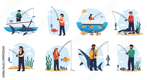 Collection of illustrations showing diverse people fishing from boats or the shore with various fish and equipment.