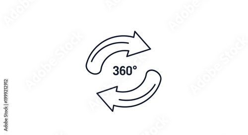 Simple line icon featuring two circular arrows rotating around the text three hundred sixty degrees for a panoramic view.