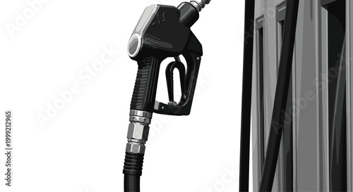 Close-up illustration of a fuel nozzle at a gas station highlights the handle and trigger mechanism in black and grey tones.