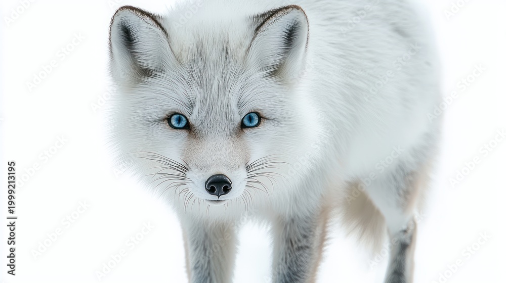 Fototapeta premium white arctic fox standing on bright snowy background with soft thick fur and alert ears, calm curious stance