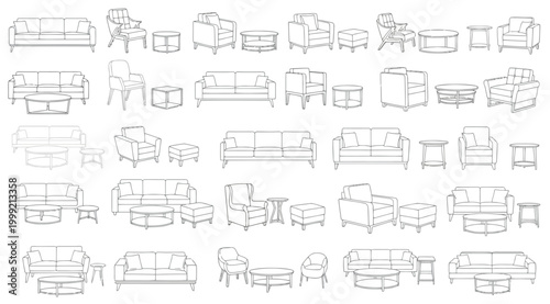 Set of furniture icons, sofa, armchair, coffee table and ottoman