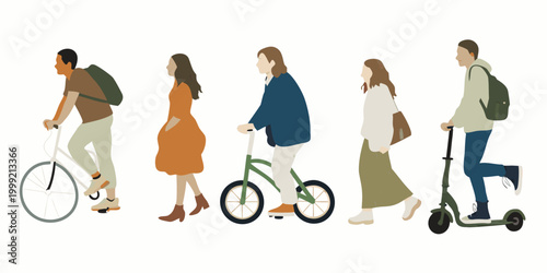 people silhouettes with bicycles and scooters flat vector illustration