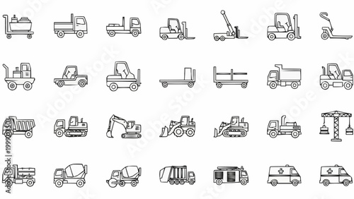 Collection of various industrial and transportation vehicles in a doodle style.