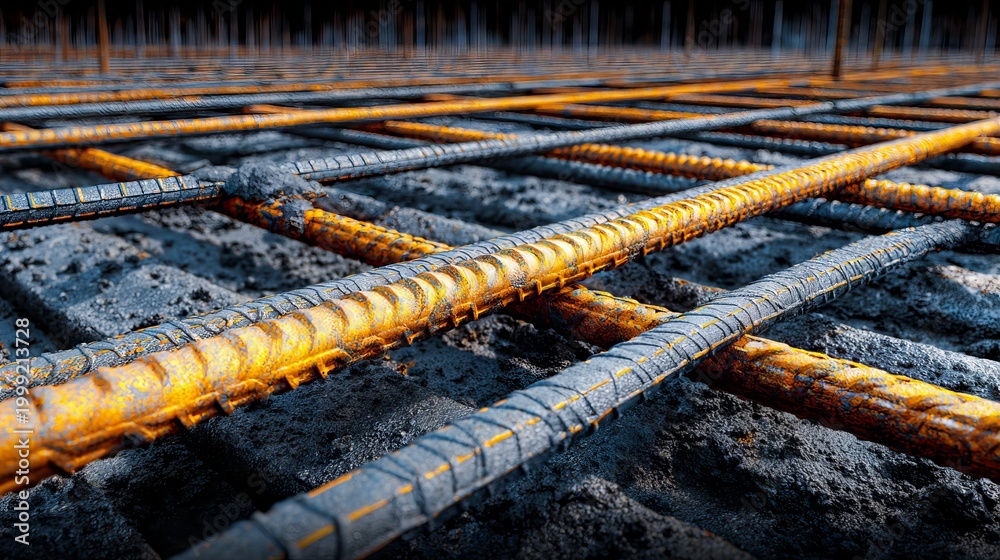 Obraz premium Close-up of reinforcing steel bars arranged in a grid, embedded in gray concrete. Surface detail focused