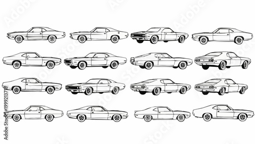 Collection of Classic American Muscle Cars in Various Angles and Styles.