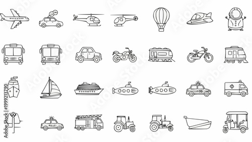 Hand-drawn doodle collection of various transportation vehicles and modes of travel.