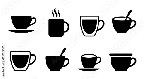 Collection of various coffee cup icons in black and white