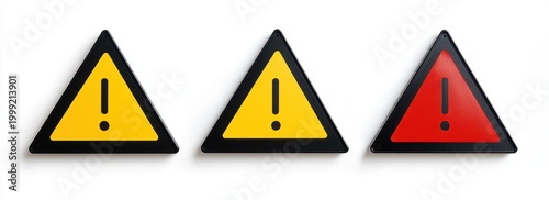 Free Download three triangular warning signs with exclamation marks, two yellow and one red, arranged on white background conveying caution and urgency - GFXLoad