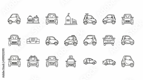 Collection of various car types and vehicles in a simple line art style.