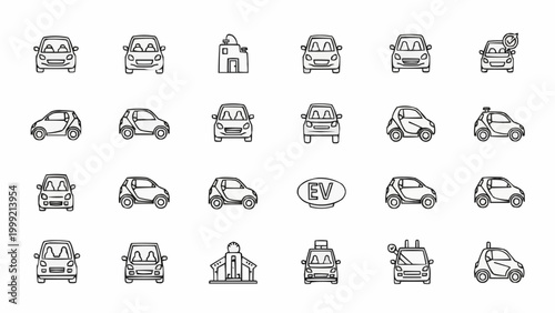 Collection of various electric vehicle and car icons in a hand-drawn sketch style.