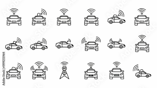 Autonomous Vehicle Technology Icons - Self-Driving Cars and Connectivity.