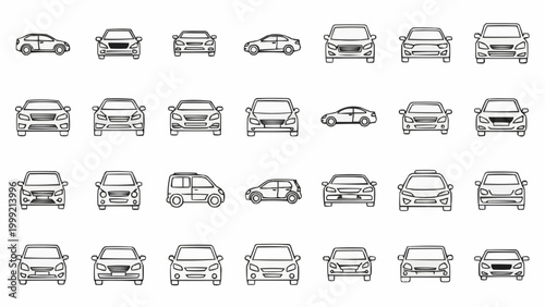 Outline of various car models and views, showcasing diverse vehicle designs.