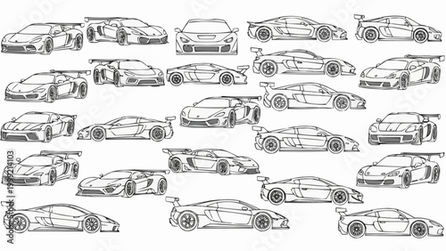 Dynamic collection of various sports cars in detailed line art sketches.