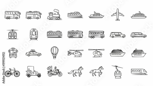 Hand drawn doodle set of various transportation vehicles and modes of travel.