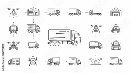 Logistics and delivery network with trucks, drones, and warehouses.