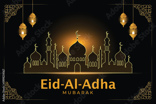 Eid Al Adha Mubarak greeting card design with golden mosque silhouette and hanging lanterns on a dark background Vector