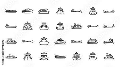 Collection of various cargo ships and vessels in outline style.
