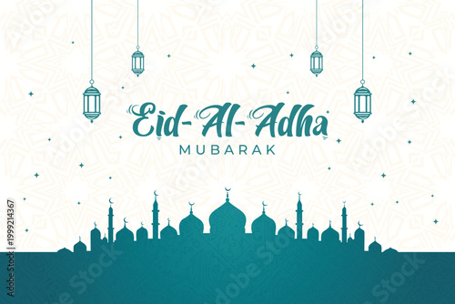 Eid Al Adha Mubarak greeting card with green mosque silhouette and hanging lanterns Vector
