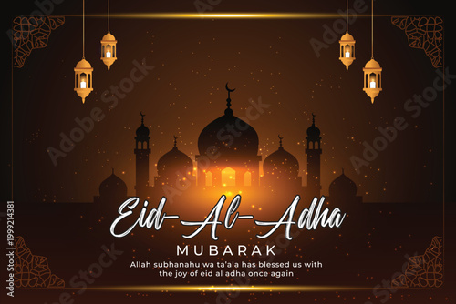 Eid Al Adha Mubarak greeting card with mosque silhouette and hanging golden lanterns in a dark elegant background Vector