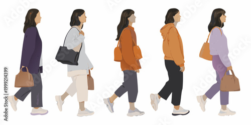 walking people silhouettes five figures in casual clothing on white background