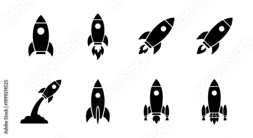 Collection of various black silhouette rocket ship icons