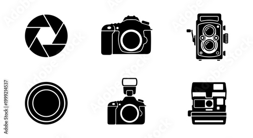 Collection of various camera icons in black and white