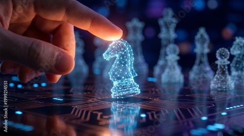 Close-up of Futuristic chess strategy pieces businessman holding glowing blue digital concept for strategic technology planning, cybersecurity visualization and digital transformation