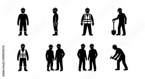 Silhouette icons of construction workers in various poses and outfits