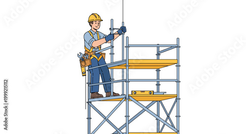 Construction worker standing on scaffold with safety gear and helmet.