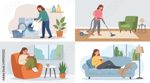 Woman Cleaning and Tidying Living Room Across Scenes Main Subject.
