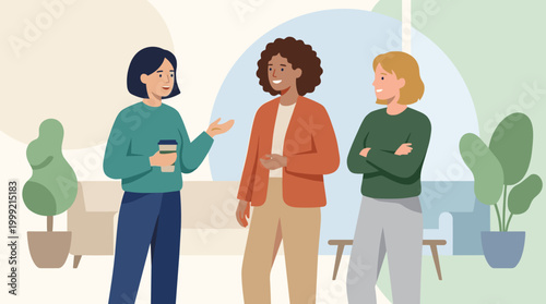 Three People Engaged in a Casual Conversation.