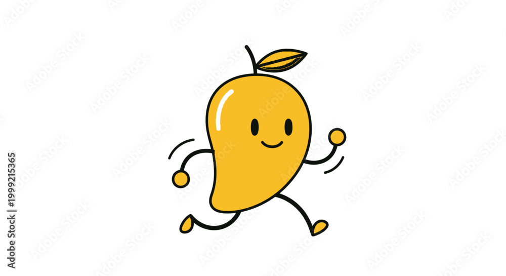 Fototapeta premium Cute cartoon mango character running with happy expression, isolated on white background