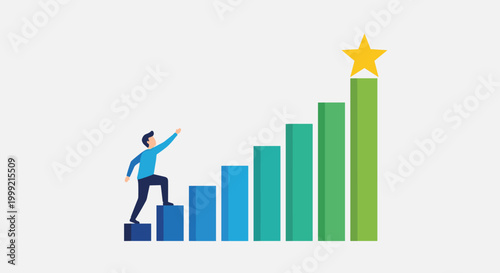 Businessman climbing up a bar chart graph to reach a star, Generative AI.