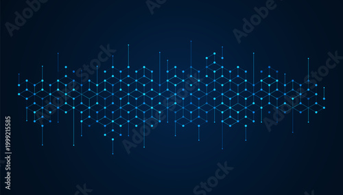 Blue hexagon network with glowing connection lines on dark background, representing big data flow, analytics system, and digital structure, ideal for technology, data science, and innovation concepts.