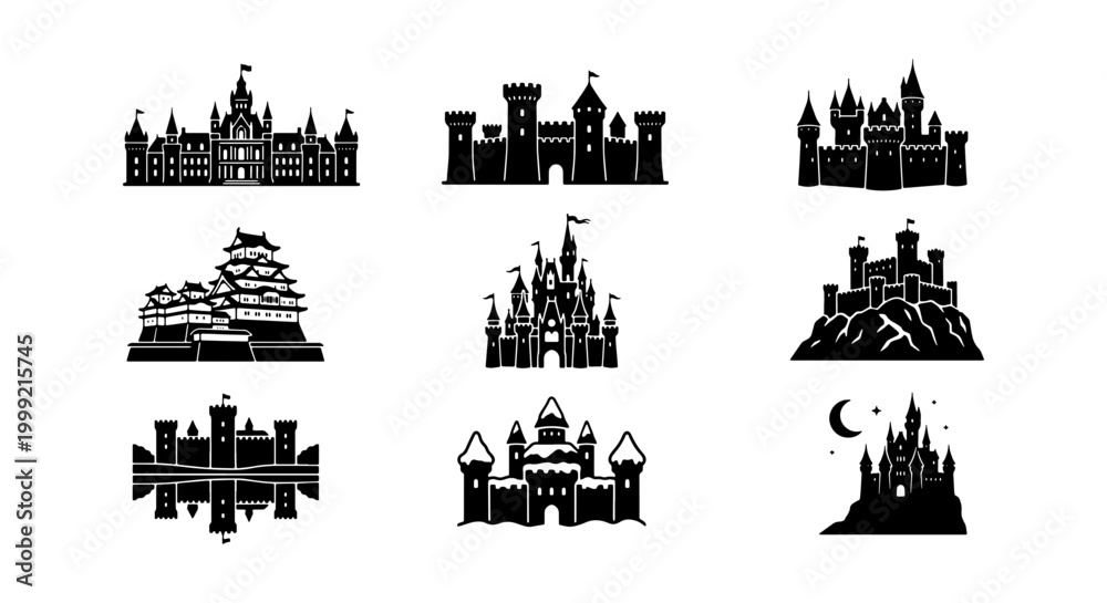 Fototapeta premium Collection of various castle silhouettes in different architectural styles and designs