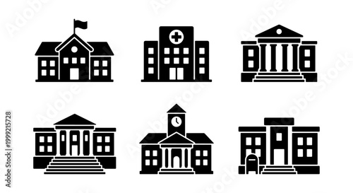 Collection of various educational buildings and institutions in black silhouette