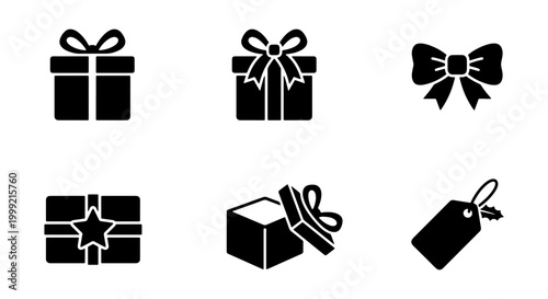 Black gift box and bow icons on for presents and shopping