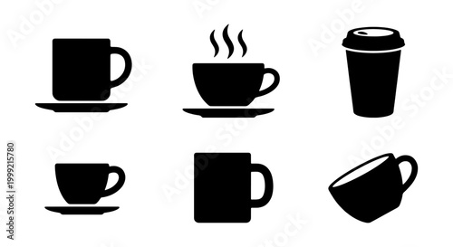 Collection of coffee cup icons in various styles and orientations