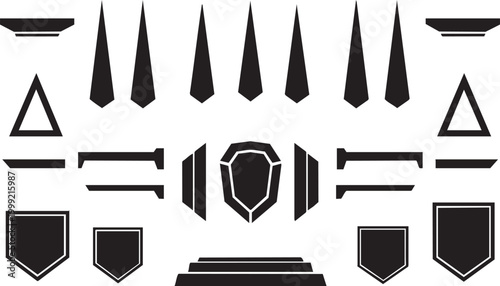 Set of geometric black shield icons and sharp angular elements for gaming and e-sports logo design
