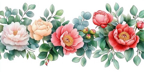 soft watercolor peonies and eucalyptus leaves in pink peach and coral forming an elegant horizontal floral border with delicate romantic blooms on a white background